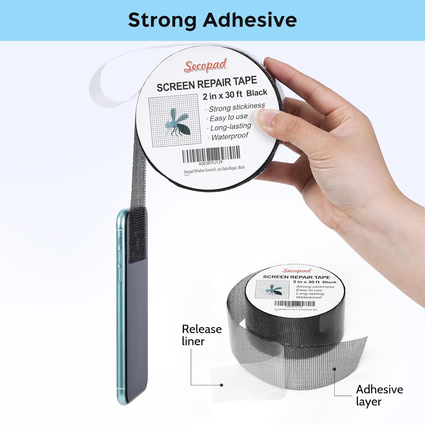 Black Window Screen Repair Tape, 2 in X 30 FT (360IN) Screen Repair Kit for Windows or Doors, Strong Adhesive Fiberglass Mesh Patch Tape