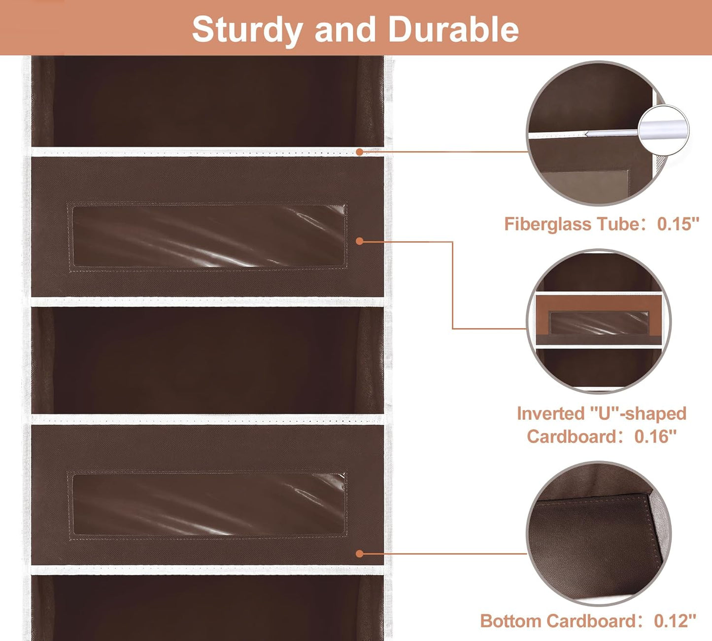 5-Tier Over The Door Storage Organizer with 10 Side Mesh Pockets, 48 lbs Load Capacity, 3 Hooks Design, Door Hanging Organizer with Clear Windows for Bathroom, Bedroom, Nursery, Kitchen-Brown