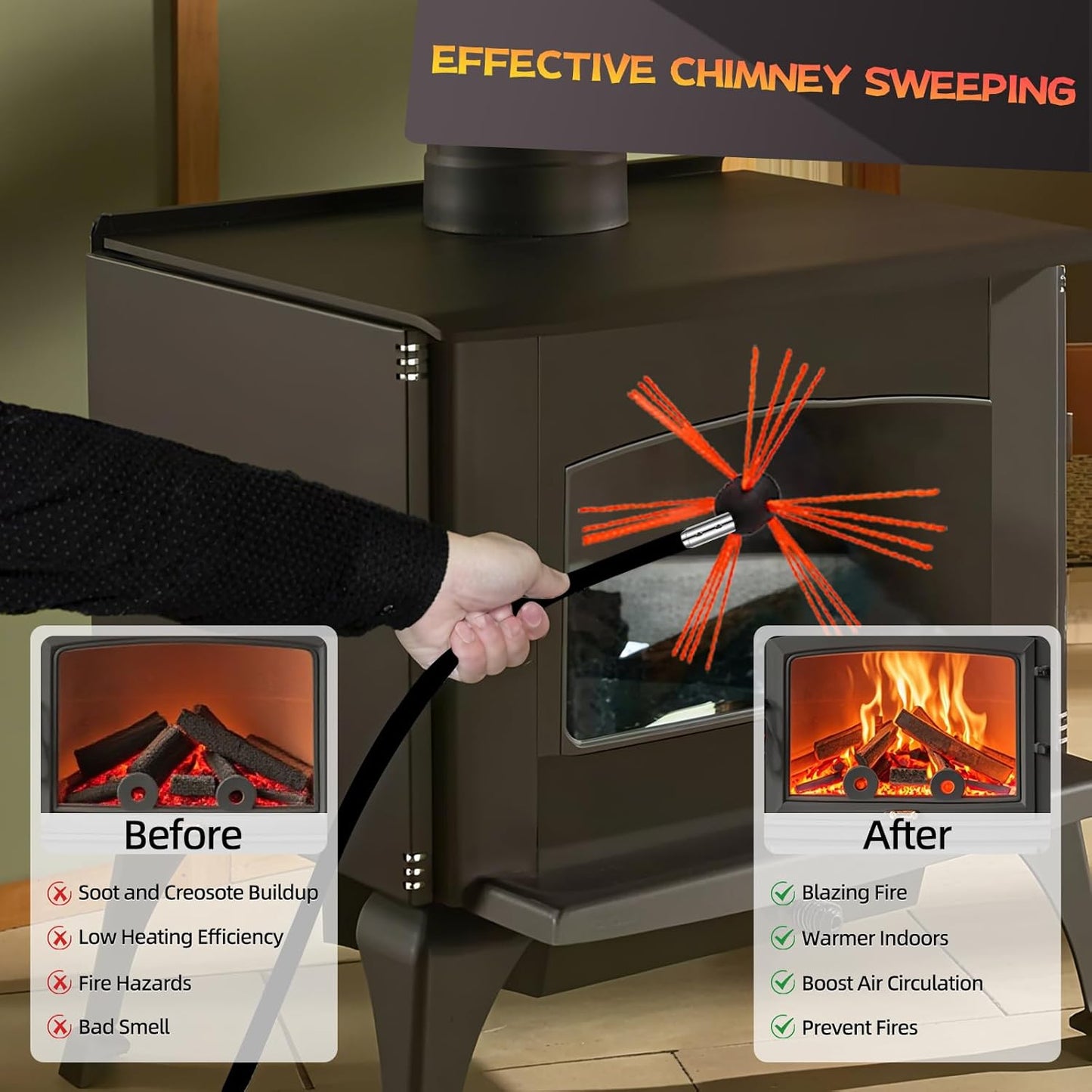 39 Feet Chimney Sweep Kit, Chimney Cleaning Kit with 12 Flexible Black Chimney Rods, Chimney Brush for Sweeping Fireplace, Rotary Chimney Cleaning System Driven by Drill