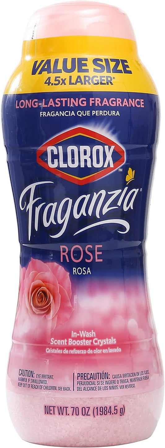 Clorox Fraganzia Laundry Scent Booster Crystals in Rose Scent - Scented In-Wash Freshener Beads for Fresh, Clean, Great Smelling Clothes and Linens, 70 Oz