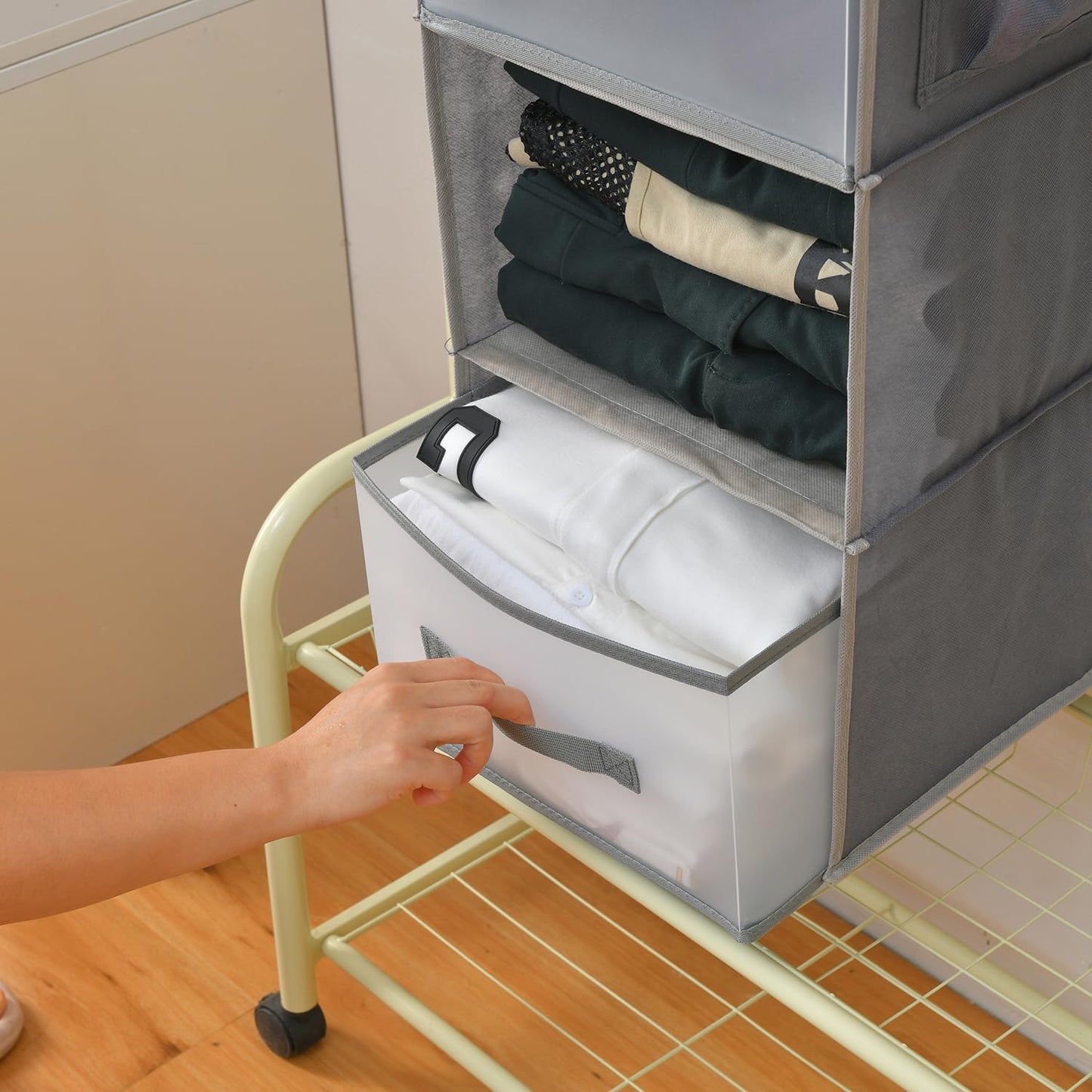 5-Tier Hanging Organizer for Closet, Fabric Closet Organizer with 2 Hooks, 2 Pull-Out Drawers, Foldable Space-Saving Storage (Gray)