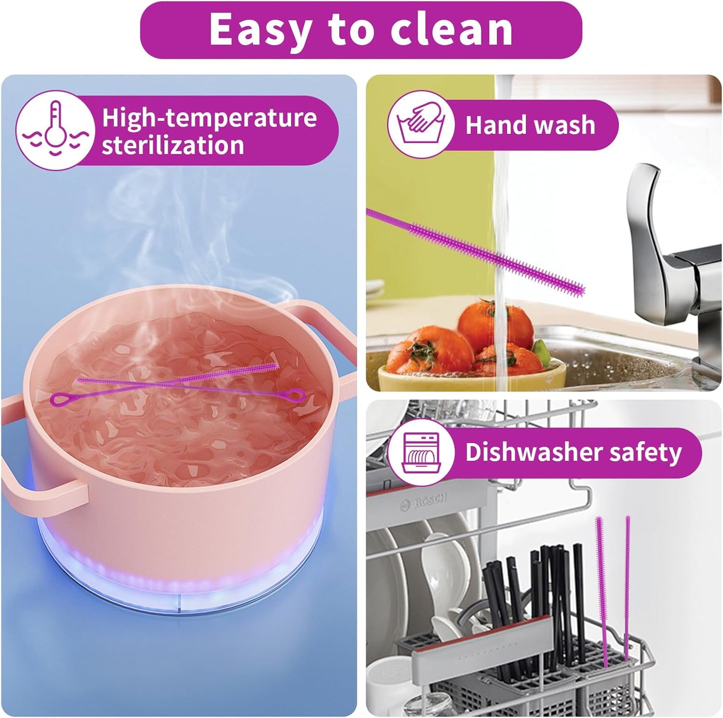 2Pcs Silicone Straw Cleaner Brush, 9.84in Reusable Straw Cleaner with Bendable Steel Core, Extra Long Soft Bottle Brush for Clearing Glass Straws, Smoothie Straws, 9mm&6mm (Purple)