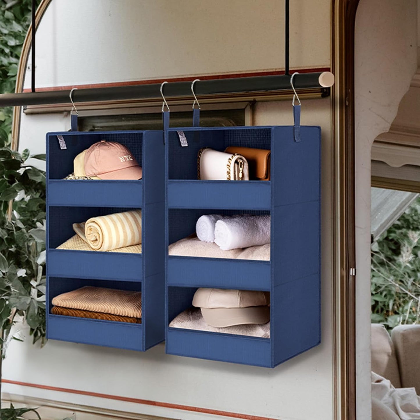 GRANNY SAYS 3-Shelf Closet Organizers and Storage, Foldable Hanging Closet Organizer, Closet Hanging Shelves with 2 Metal Hooks, Leak-Proof Hanging Organizer for Closet, Navy, 2-Pack