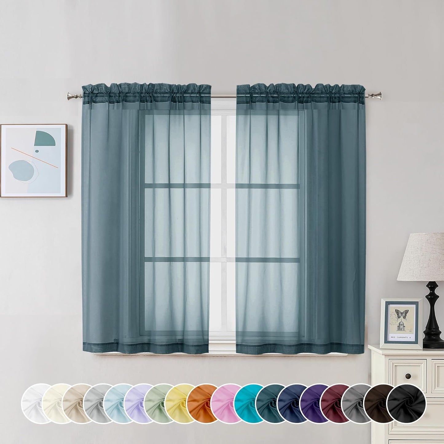Chyhomenyc Stone Blue Sheer Curtains 45 Inch Long 2 Panels, Light Filtering Rod Pocket Voile Short Curtains Drapes for Living Room Bedroom Small Windows, 42Wx45L Inches