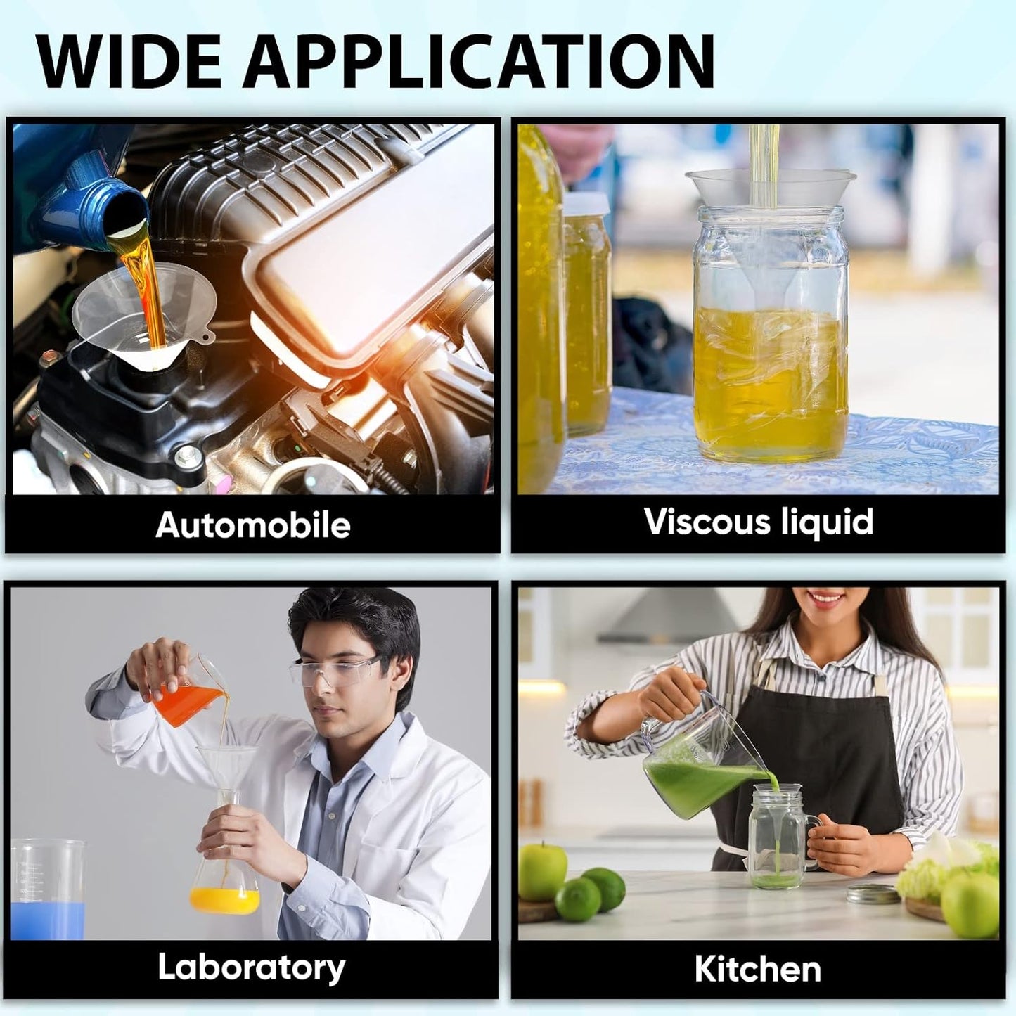 Funnel Set (4 Sizes: 122, 101, 76, 50mm) - Durable, Non-Toxic, Food-Grade Plastic funnels for Filling Bottles and containers. Ideal for Kitchen, Garage, or Labs. Perfect for Precise Pouring.