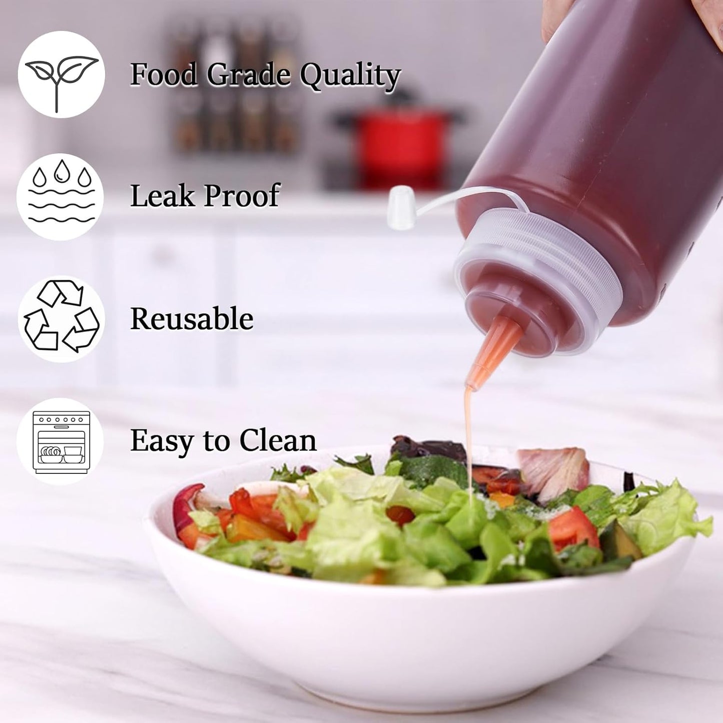 Condiment Squeeze Bottles Ketchup Dispenser, 4 Pack 32oz Squeeze Bottles for Liquids, Plastic Sauce Bottle with Cap Lid, Squirt Bottles for Sauces Liquids BBQ Dressing Pancake Art