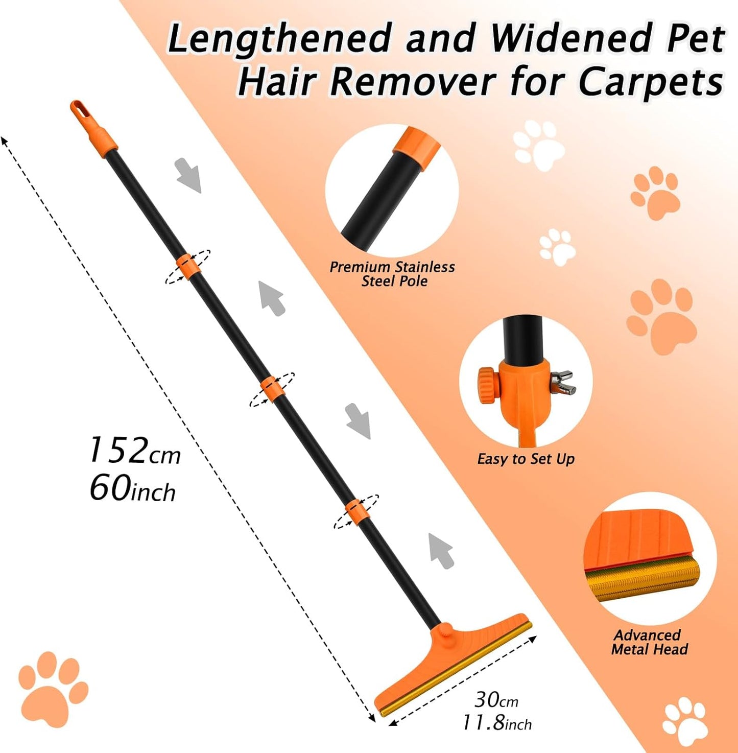Carpet Rake for Pet Hair Removal - Reusable Pet Hair Remover, 60” Adjustable Long Handle Cat Dog Carpet Rake Scraper, Dog Hair Rake Brush for Rugs, Mats, Couch