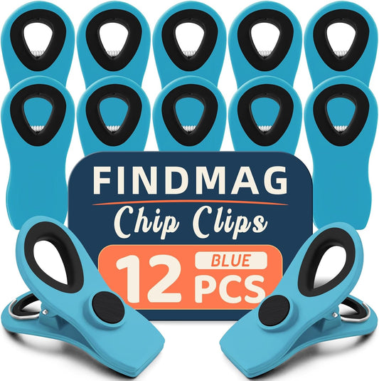 FINDMAG 12 Pack Chip Clips, Big Food Clips Blue Magnetic Clip, Magnetic Bag Clips with Airtight Seal for Chips, Bread, Snacks, Fridge Organize, Kitchen Storage, Note