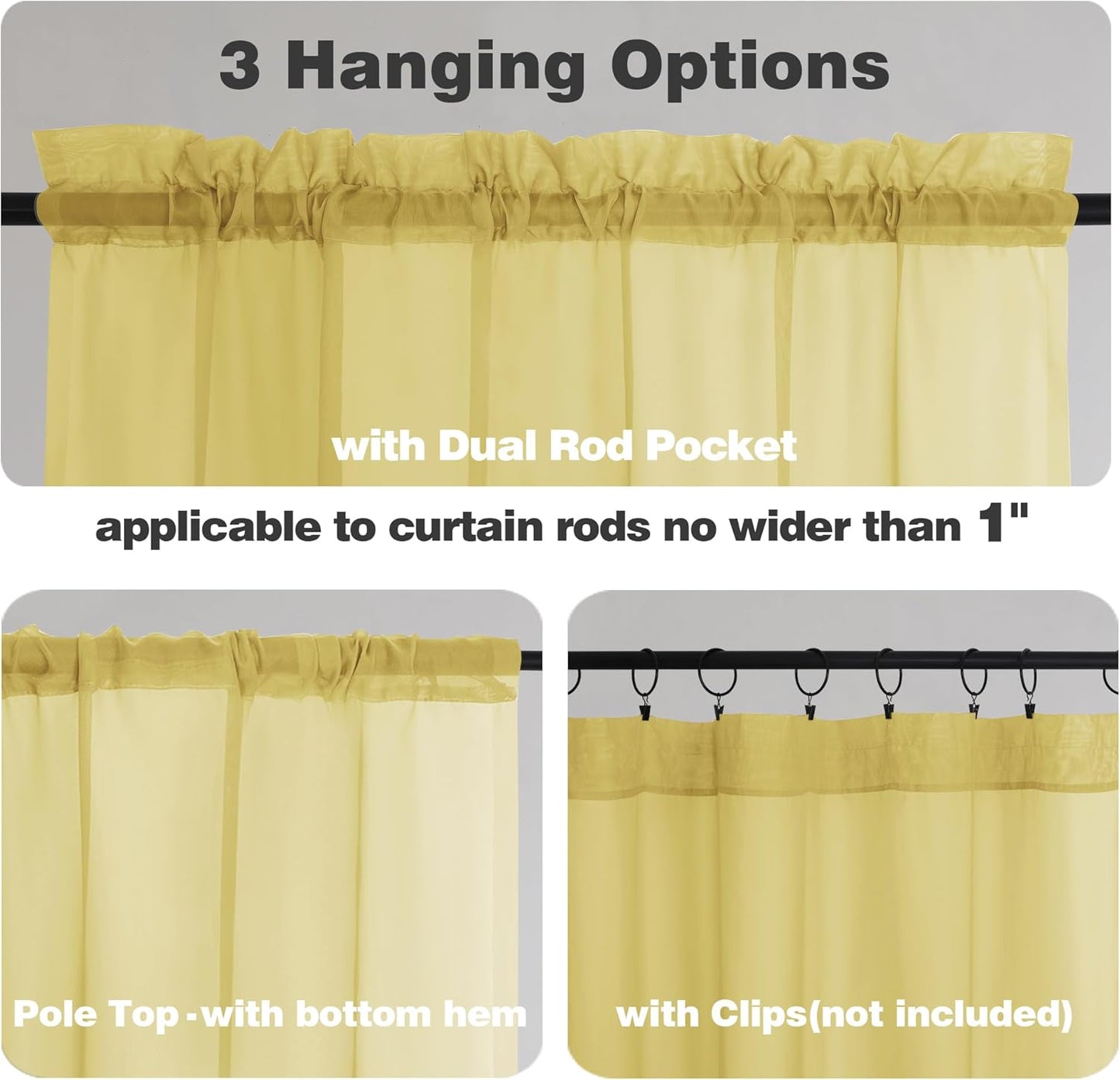 Chyhomenyc Sheer Valances for Windows 2 Pack, Small Valance for Living Room Bathroom Cafe Laundry Basement, Lightweight Rod Pocket Voile Curtain, Mustard Yellow, 42Wx14L Inches