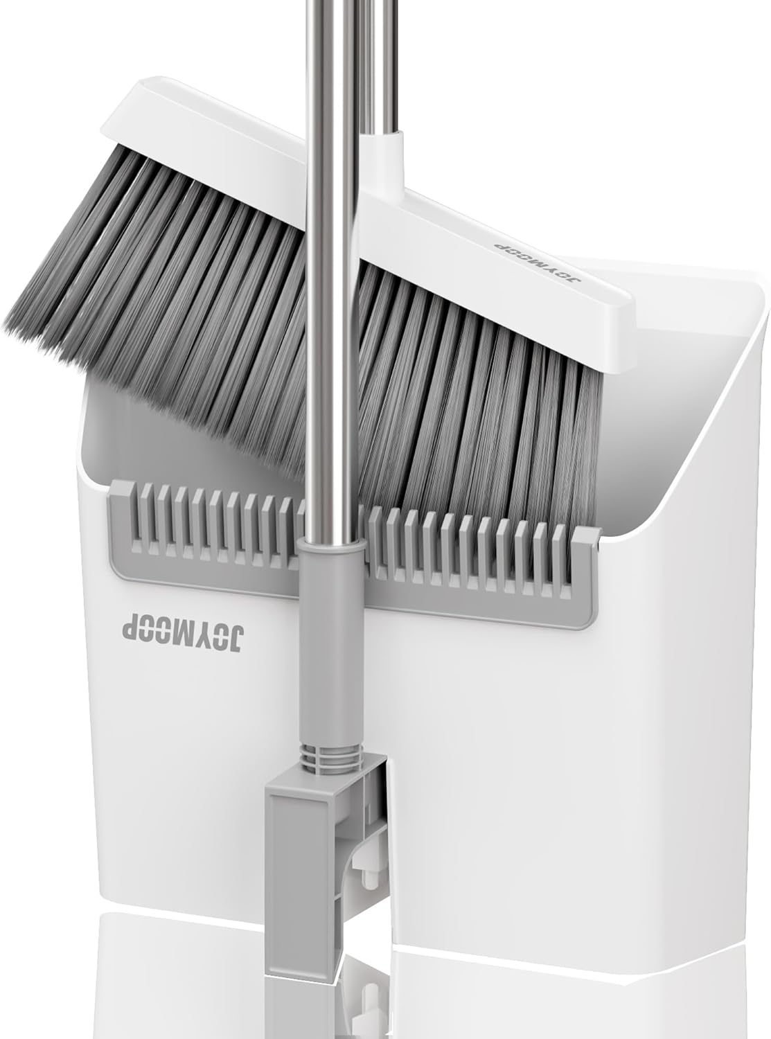 JOYMOOP White Broom and Dustpan Set, Upright Angle Design with Built-in Comb Teeth for Kitchen, Office, Pet Hair, Hard Floors