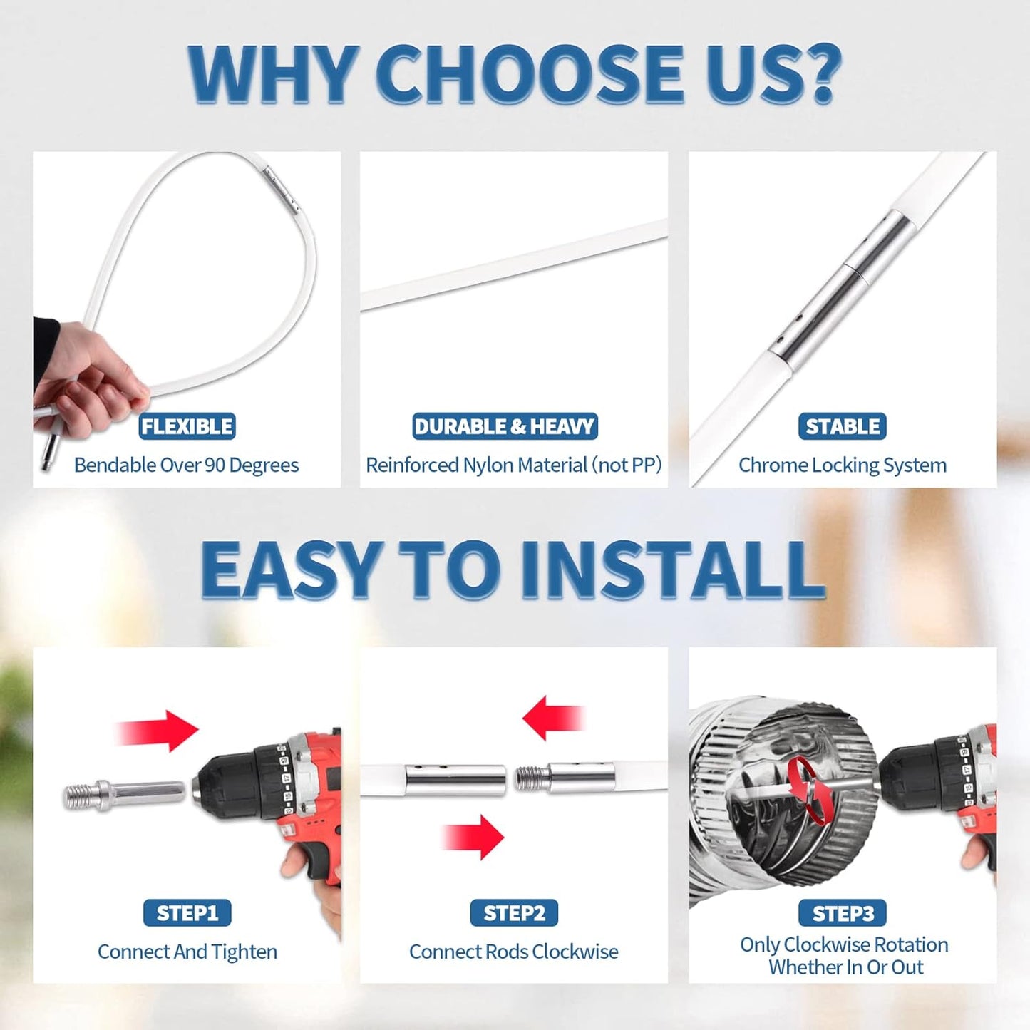 Bluesea 7 Pieces 25 Feet Dryer Vent Cleaner Kit, Reinforced Nylon Dryer Vent Cleaning Kit, Durable Dryer Vent Brush Vacuum Attachment with Flexible Lint Trap Brush, Vacuum & Dryer Adapters