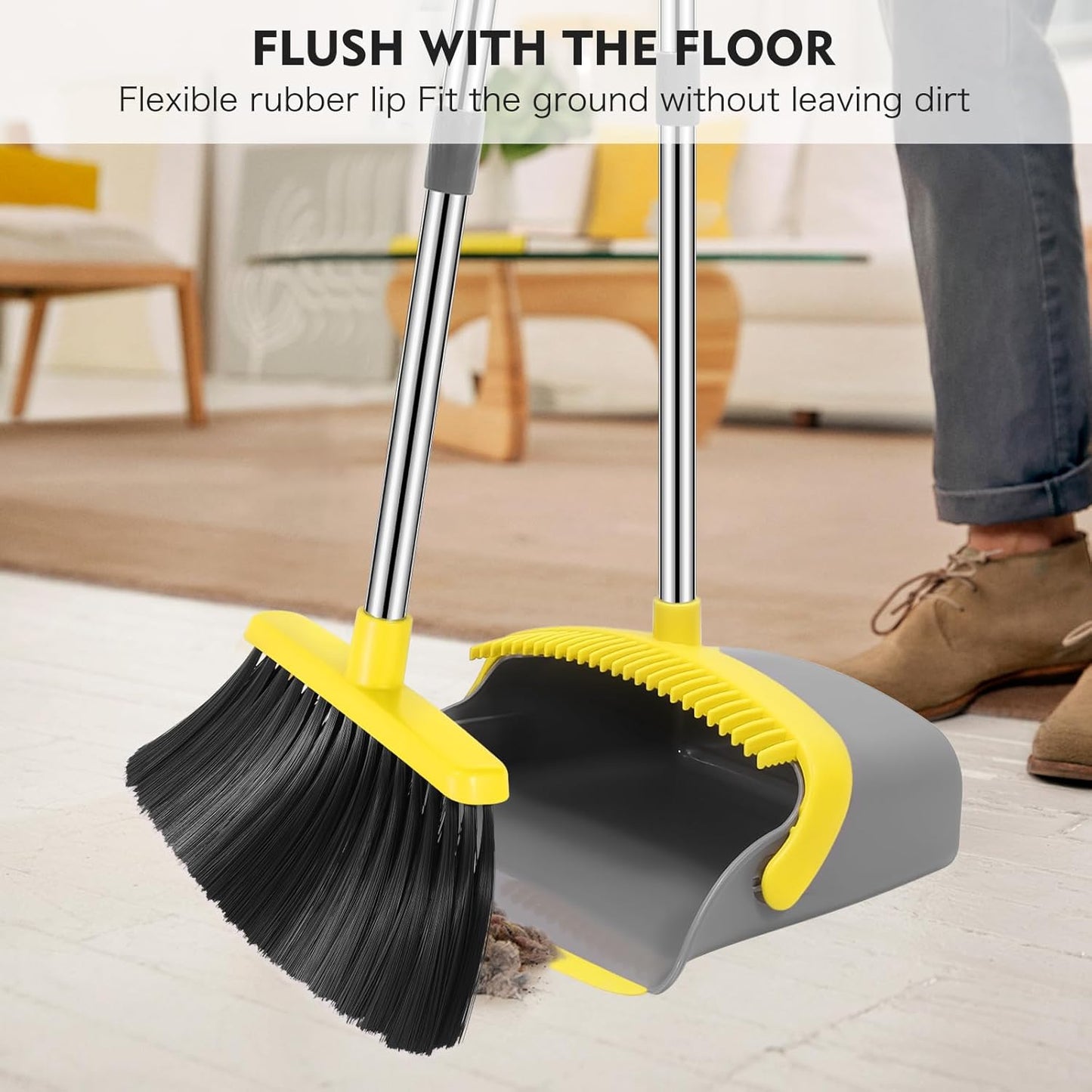NACENA Broom and Dustpan Set, 55-in Long Adjustable Handle Broom Dustpan Combo with Dustpan Teeth to Automatically Clean Hair Suitable for Home Kitchen Office Hall Floor, Large(Grey&Yellow)