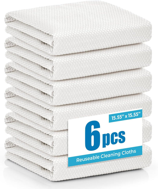 Nanoscale Microfiber Cloths 15.55”x 15.55”, Glass Window Mirror Stainless Steel Car Cleaning, Streak-Free, Lint-Free, Super Thick & Absorbent, Reusable, 6 Pack (White)