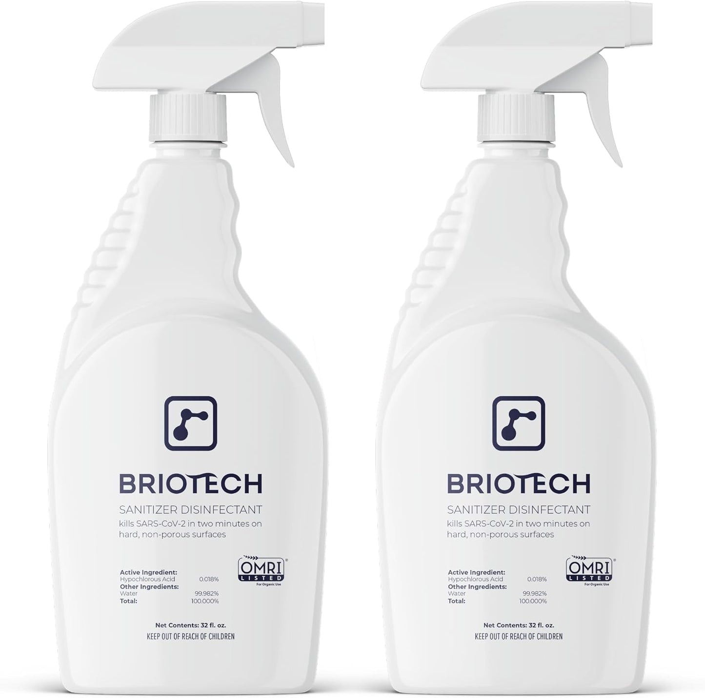 BRIOTECH Sanitizer Disinfectant Hypochlorous Spray, Kills 99.99% of Viruses & Bacteria, Eliminates Odor, Gentle for Nurseries & Play Rooms, Rinse Free Surface Sanitizer, 32 fl oz (Pack of 2)