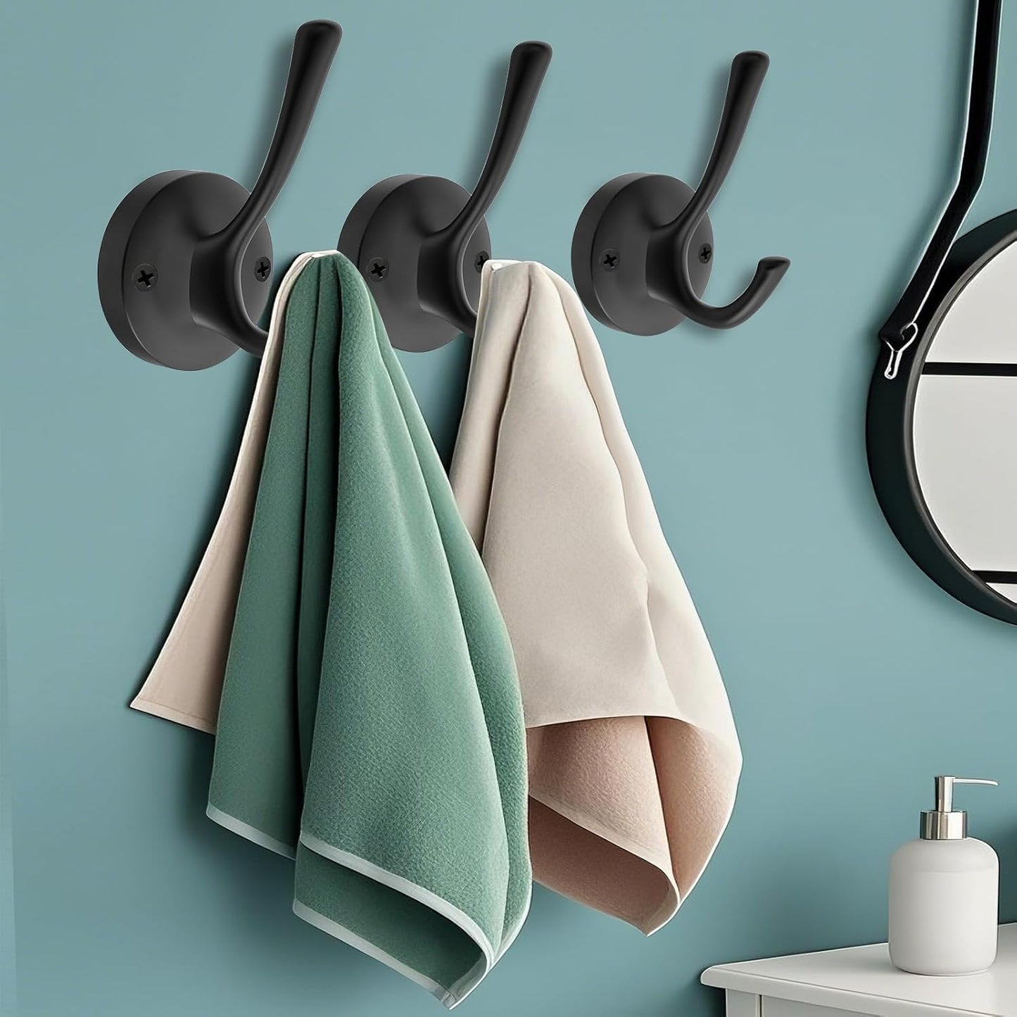 Black Wall Hooks Towel Hooks, 3 Pack Coat Hooks Robe Hook Heavy Duty Metal Double Bath Hook Wall Mounted, Hand Towel Hooks for Entryway Bathroom Kitchen Closet Garage