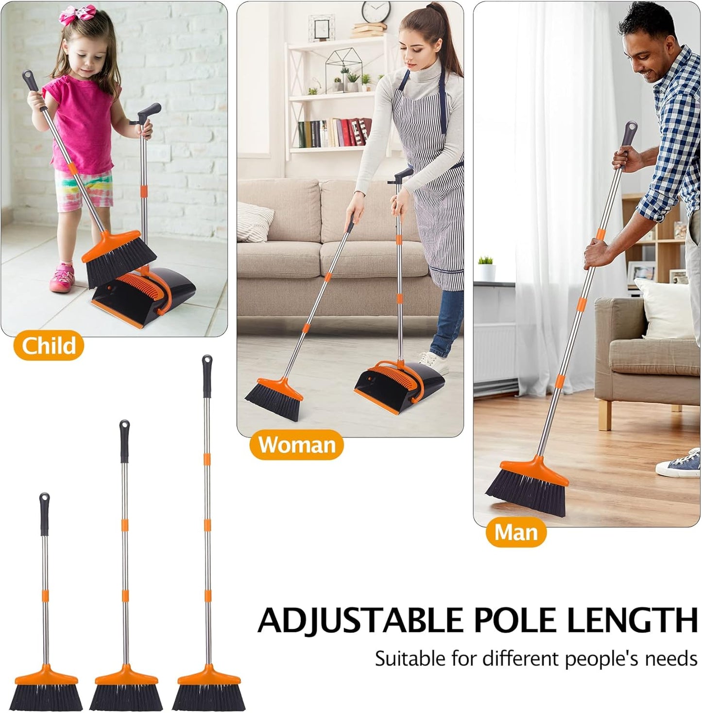 Broom and Dustpan Set with Long Handle, Light Weight Stainless Steel Poles Stand Upright Dustpans with Broom Combo for Home Kitchen Office Pet Dog Hair, Black & Orange Color, 1-Pack