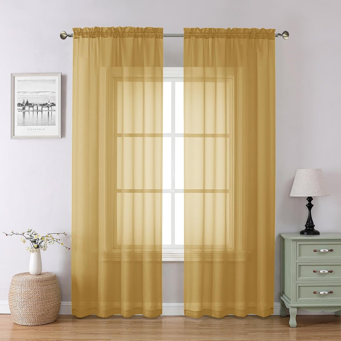 Chyhomenyc Gold Sheer Curtains 84 inches Long 2 Panels Set - Light Filtering Curtains for Living Room, Soft Gentle Voile Rod Pocket Bedroom Window Drapes, 42Wx84L Inch, 2PCS