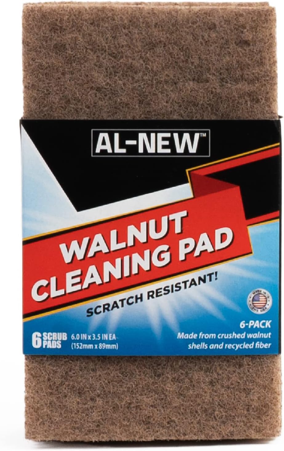 AL-NEW Walnut Cleaning Pads | Versatile, Scratch Resistant Household Cleaning & Scouring Pads for Kitchen Cleaning, Dishes, Pots, Pans & More (6 Pack)