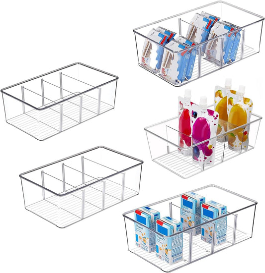 5 Pack Pantry Organizers and Storage,4 compartment Snack Containers for Kitchen,Fridge,Refrigerator Organization and Storage,Clear Plastic Bins for Spice,Tea bag,Seasoning organizer