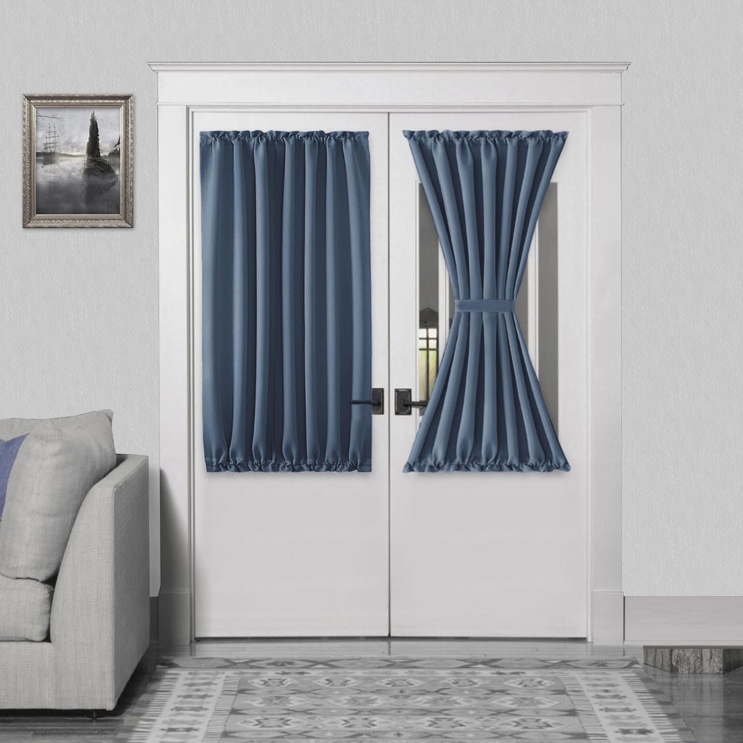 DWCN French Door Curtains – Rod Pocket Thermal Blackout Curtain for Window/Patio Doors/Doorways/Classroom/Kitchen for Privacy, 54W by 40L Inches, 1 Panel with Tieback, Dusty Blue