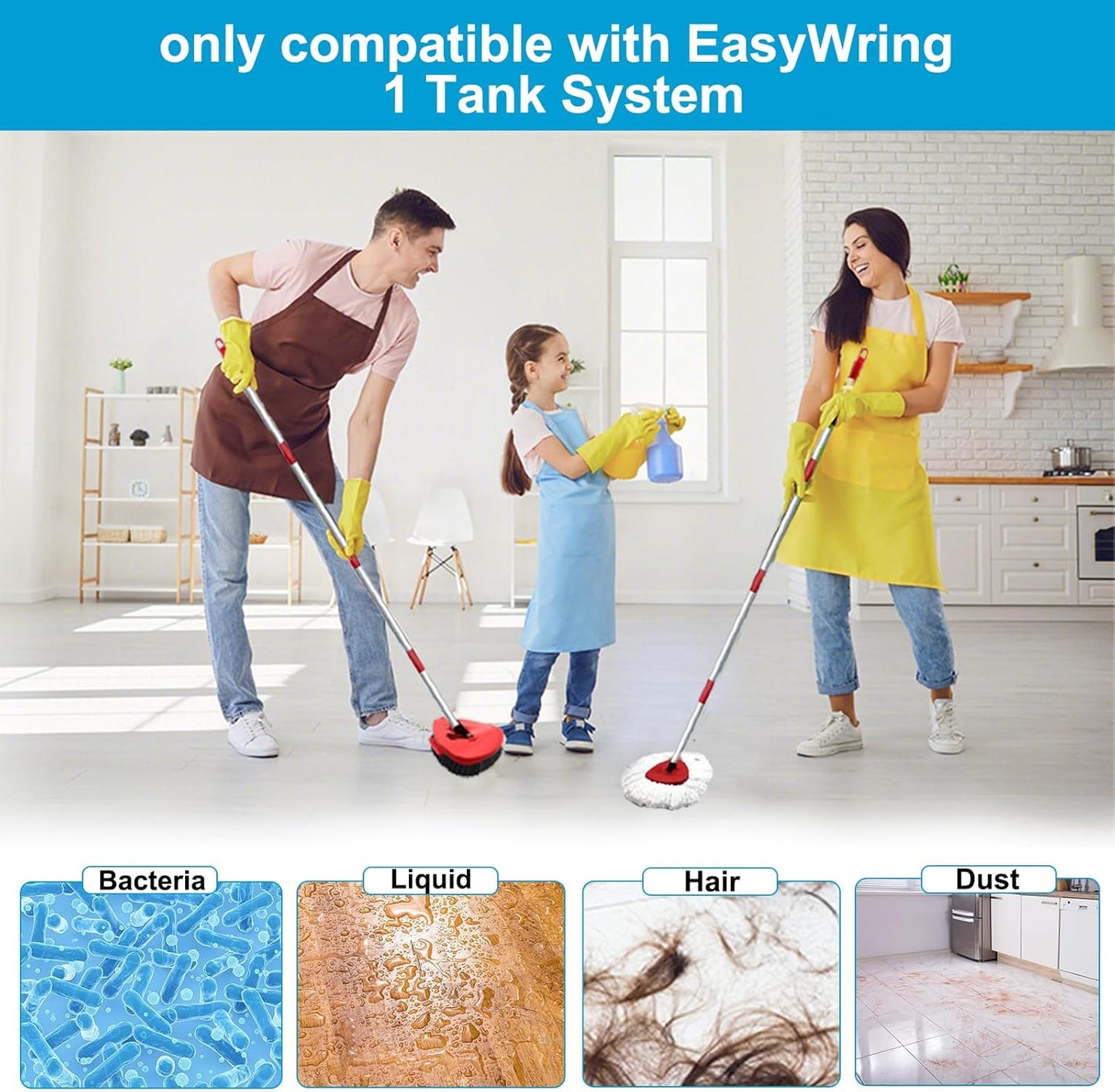 Spin Mop Head and Brush Replacement Compatible for O Cedar EasyWring 1-Tank System, 4 Microfiber Mop Refills, 1 Scrub Brush,1 Base and 30-58in Mop Stick Easy-to-Replace (White 1 Tank System)
