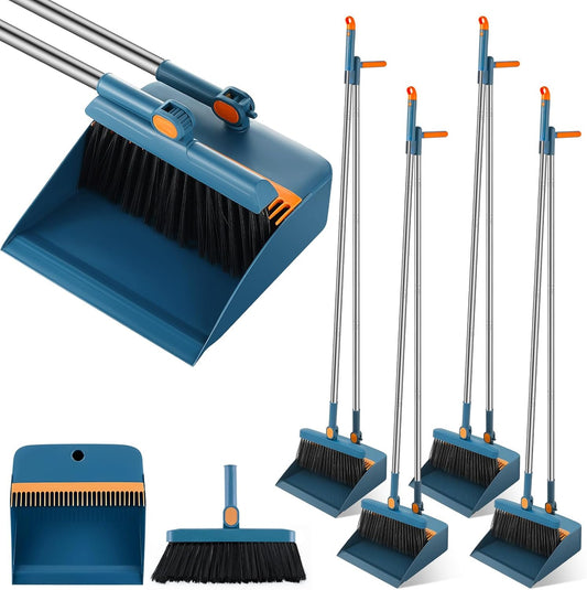 Suclain 4 Set 8 Pcs Broom and Dustpan Set 47 Inch Long Handle Brooms for Sweeping Indoor Household Dustpans for Indoor Outdoor Kitchen Floor(Blue)