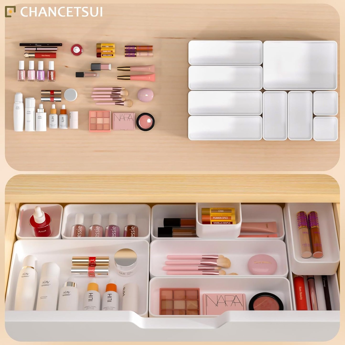 9 Pcs Stackable Drawer Organizer Trays Set, Multifunctional Stackable Storage Trays for Vanity, Bathroom, Kitchen, Desk Drawer Organizer Office. Plastic Drawer Organizers Available In 5 Colours, White