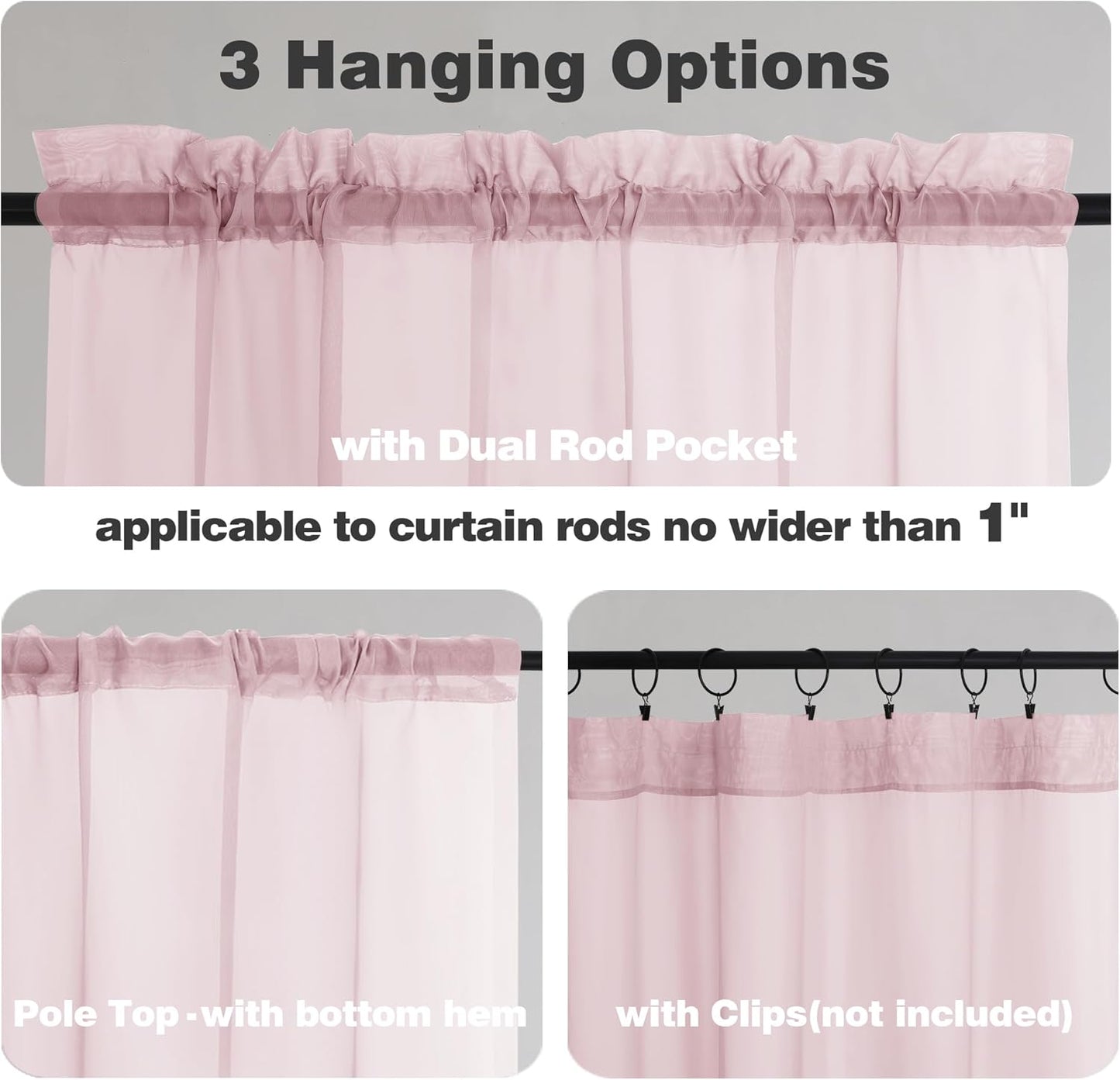 Chyhomenyc Sheer Curtains 54 Inch Long 2 Panels, Short Voile Drapes for Dinning Small Windows Bathroom Living Room Bedroom, Rod Pocket, 42Wx54L Inches, 2PCS, Blush Pink