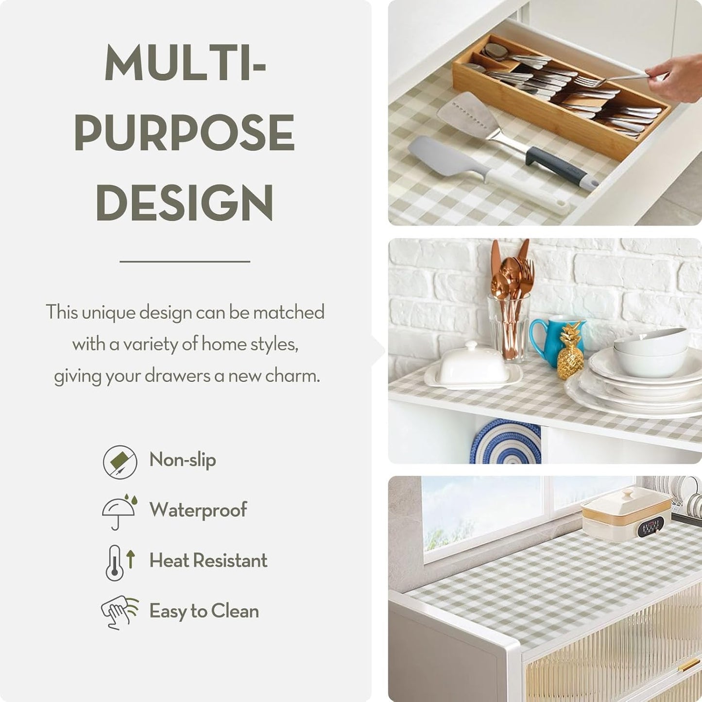 Drawer and Shelf Liner for Kitchen Cabinet Liner Non-Adhesive Non-Slip Shelf Thick Strong Grip Waterproof Contact Paper Easy to Clean for Shelves, Cupboard, Desks,Green Plaid,12IN X 10FT