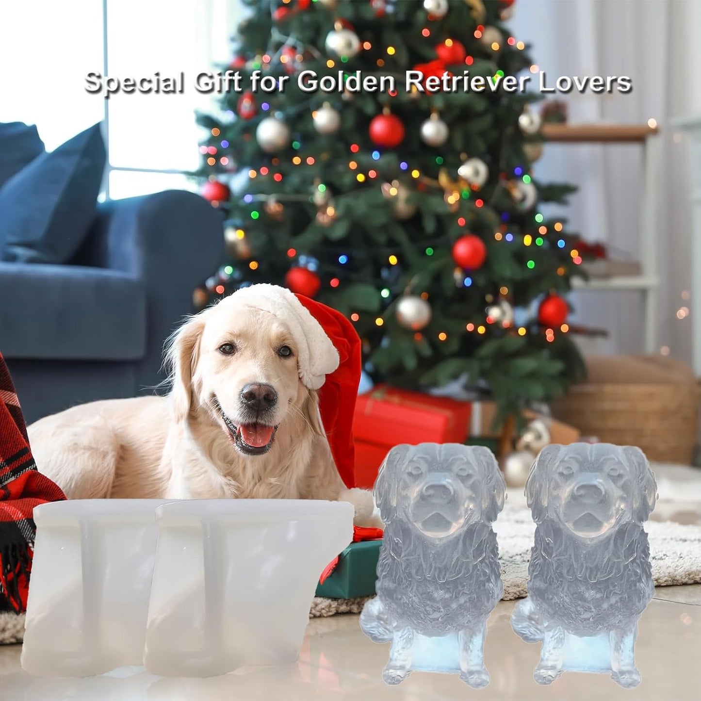 3D Golden Retriever Ice Cube Silicone Molds Tray for Whiskey, Cocktail, Bar; Fun Animal Shape Large Epoxy Resign Mold; Golden Retriever Gifts for Women Kids Dog Lover, 2 Pack