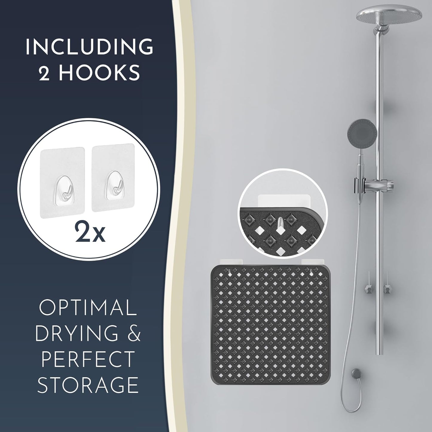 Homerella Anti Slip Shower Mat | Anti Mold Non Slip Bathtub Mat for Inside Shower | Square Floor Shower Mat 21 x 21 inch with Suction Cups for Grip & Hooks Hanging and Quick Drying | Machine Washable