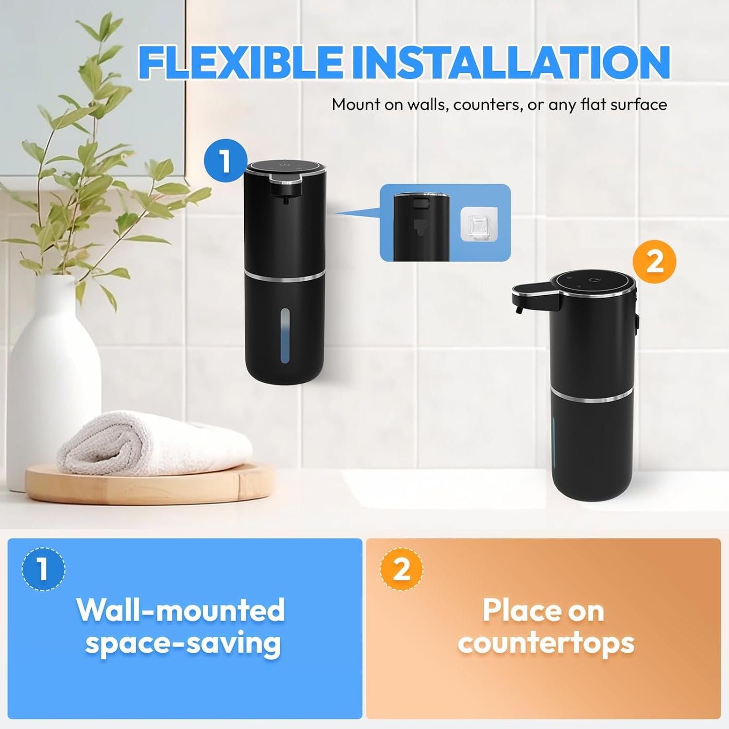 2 Pack Automatic Foaming Soap Dispenser,Touchless Foam Soap Dispenser,12.8oz Rechargeabled Wall Mounted Smart for Bathroom and Kitchen Dish Soap,Easy for Toddlers(Black)