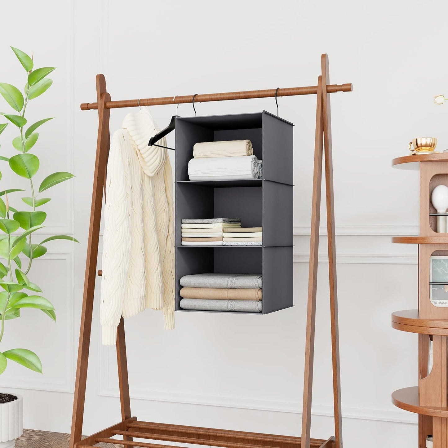 Hanging Closet Organizer and Storage 3-Shelf, Easy Mount Foldable Hanging Closet Wardrobe Storage Shelves, Clothes Handbag Shoes Accessories Storage, Washable Oxford Cloth Fabric, Dark Gray