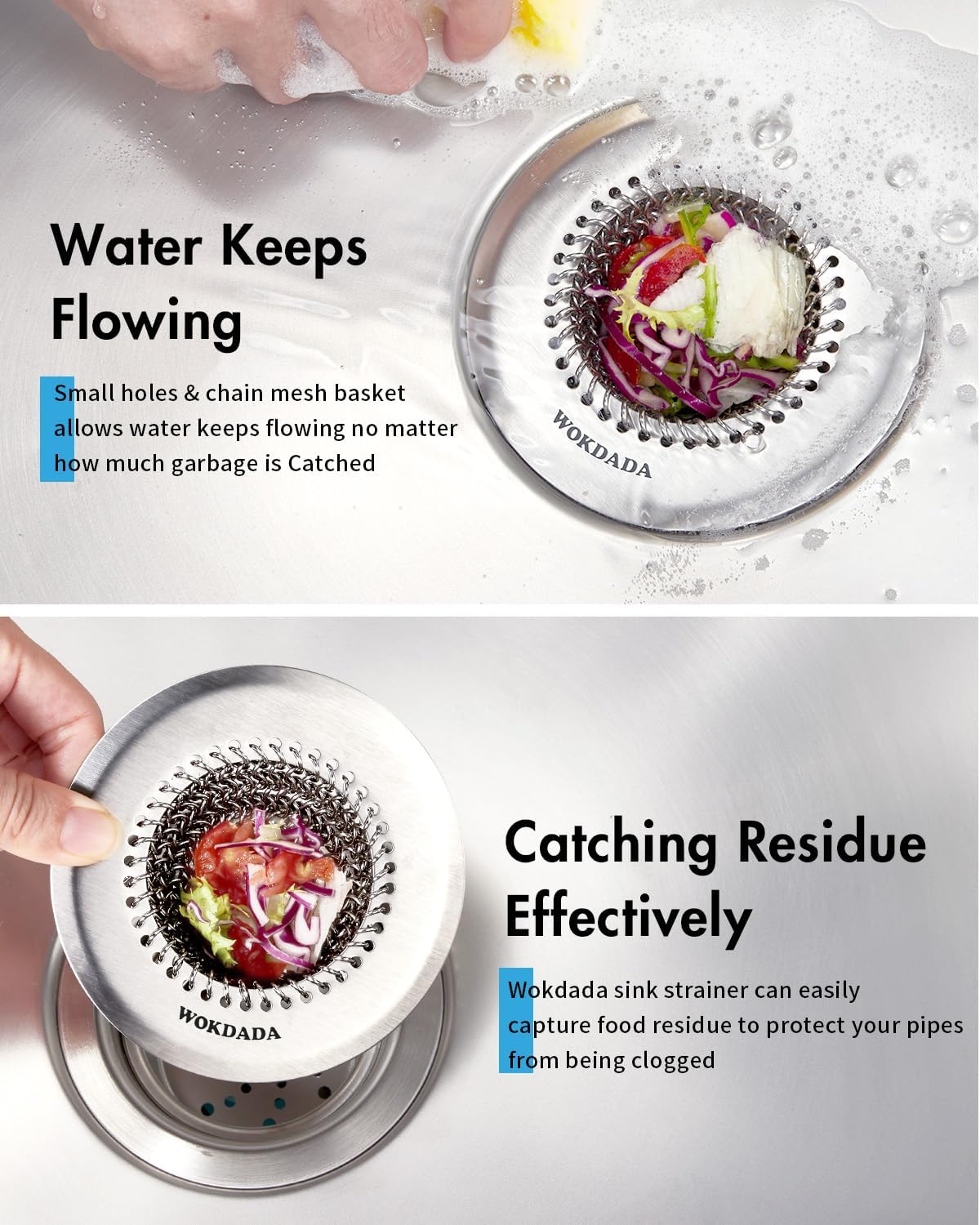 2 Pcs Sink Drain Strainer: Anti-Slip Flexible Chainlink, 304 Stainless Steel. Upgraded Clog-Free Kitchen Version, Easy-Clean Catcher for Garbage Disposal