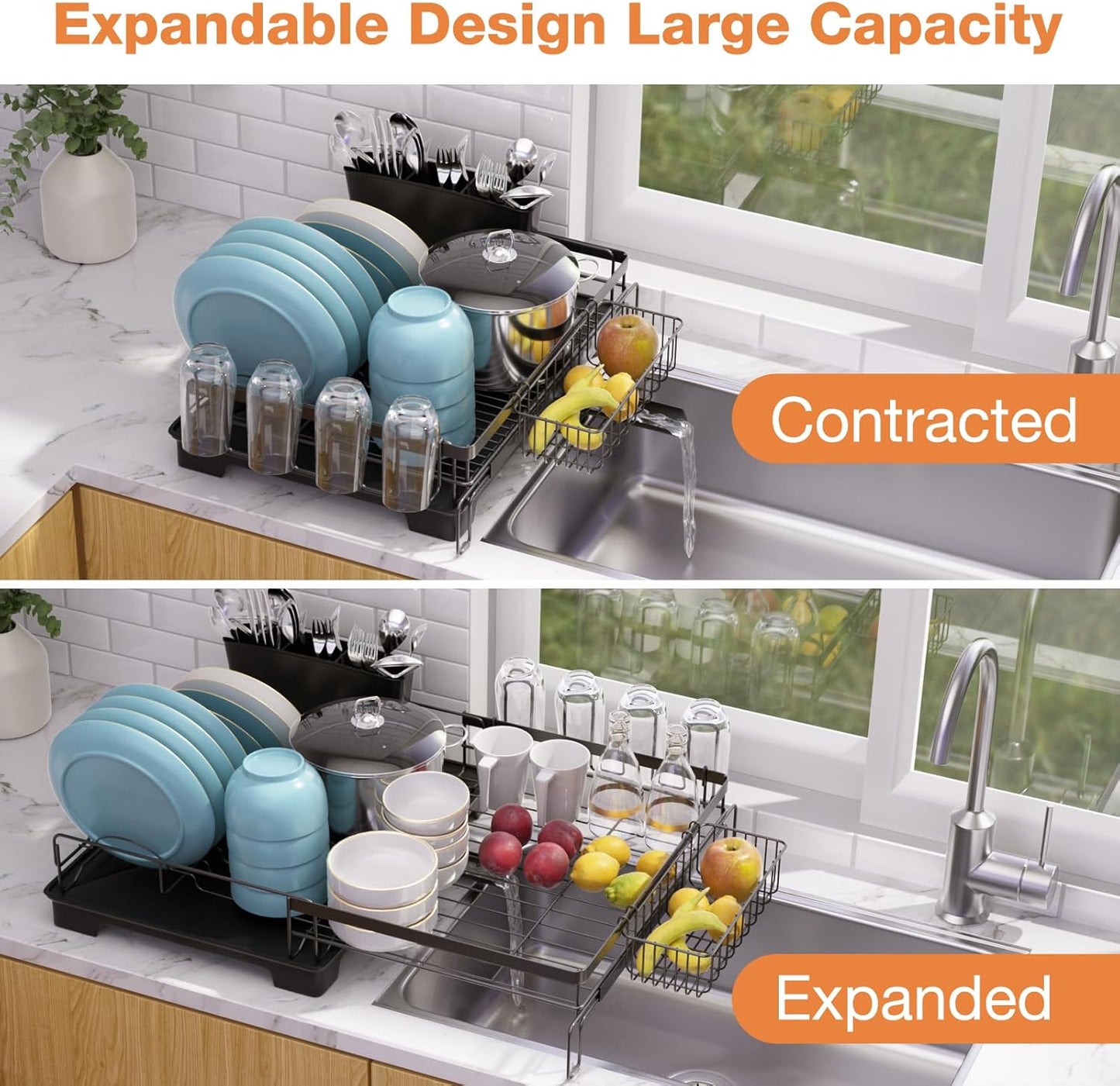 Dish Drying Rack,Extendable Dish Rack,Drying Rack with Automatic Drainboard，Dish Drainers for Kitchen Counter,Anti-Rust Dish Drainers with Cup Holders & Utensil,Black