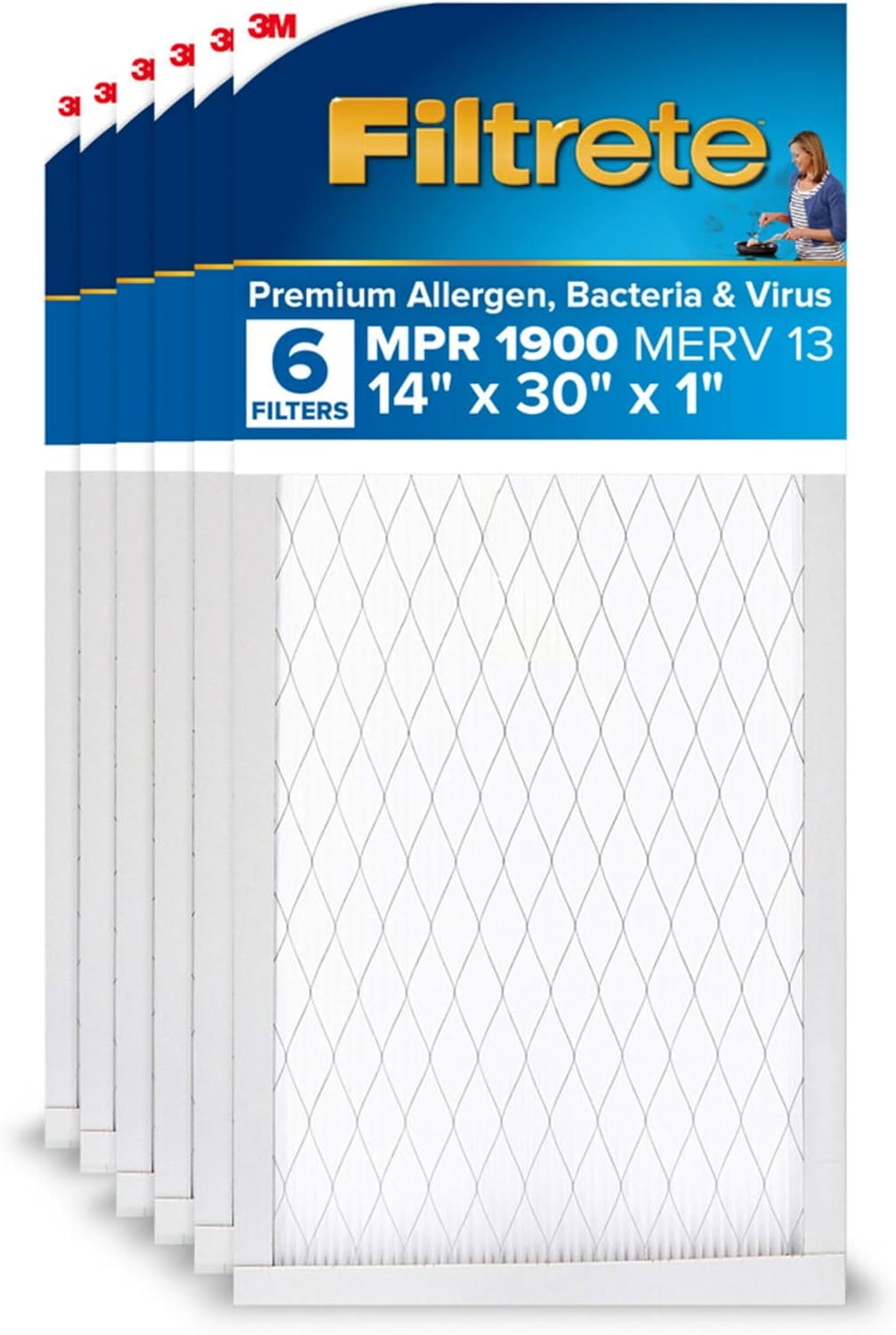 Filtrete 14x30x1 AC Furnace Air Filter, MERV 13, MPR 1900, Premium Allergen, Bacteria & Virus Filter, 3-Month Pleated 1-Inch Electrostatic Air Cleaning Filter, 6-Pack (Actual Size 13.81x29.81x0.78 in)