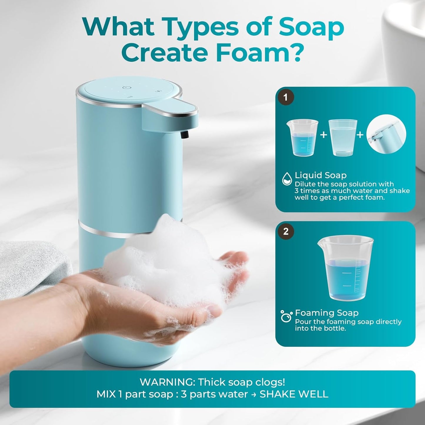 Seafoam Automatic Foaming Soap Dispenser - Touchless Hand Sensor, 4 Foam Settings, USB-C 1200mAh Large Capacity Rechargeable, Modern Design for Bathroom & Kitchen