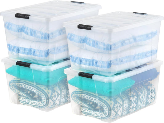 IRIS USA 94 Qt Stackable Plastic Storage Bins with Lids, 4 Pack - BPA-Free, Made in USA - See-Through Organizing Solution, Latches, Durable Nestable Containers, Secure Pull Handle - Clear