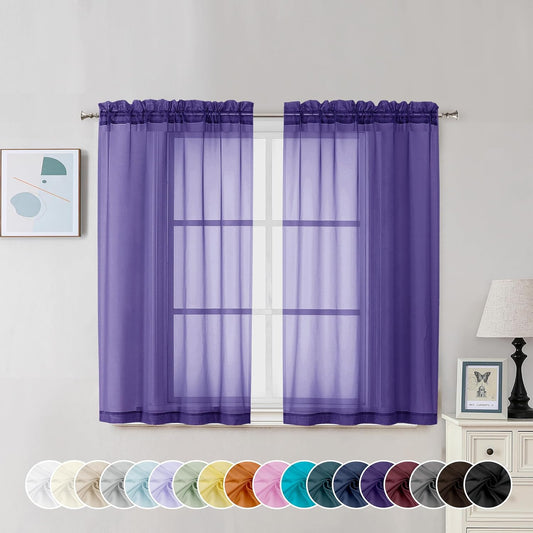 Chyhomenyc Purple Sheer Curtains 45 Inch Long 2 Panels, Light Filtering Rod Pocket Voile Short Curtains Drapes for Living Room Bedroom Small Windows, 42Wx45L Inches