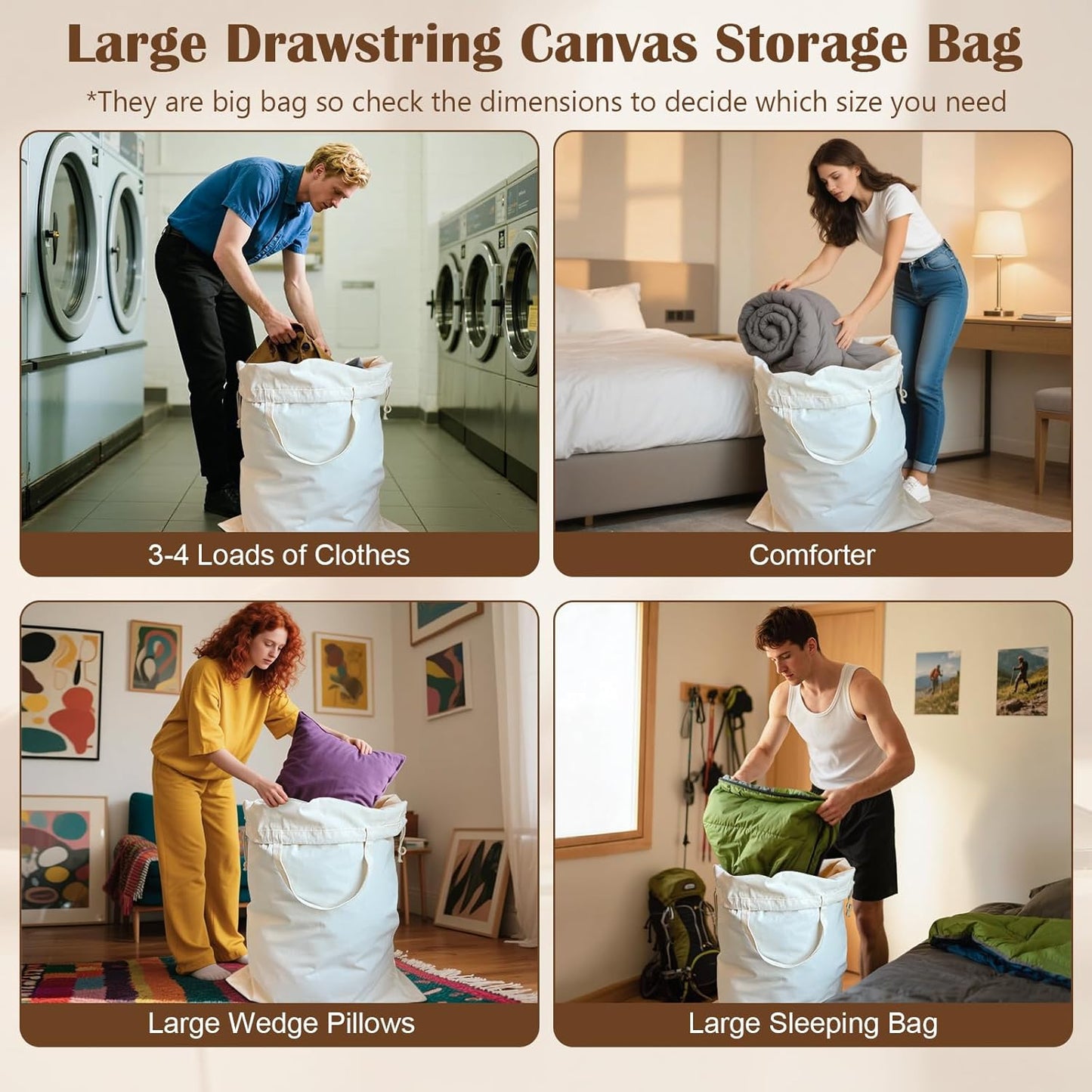 Canvas Laundry Bag 33"x 35", Thick Cotton Laundry Bag with Handles & Drawstring, Extra Large Heavy Duty Washable Basket Liner Hamper Liner Canvas Storage Sack (Beige XL, 2 Pack)