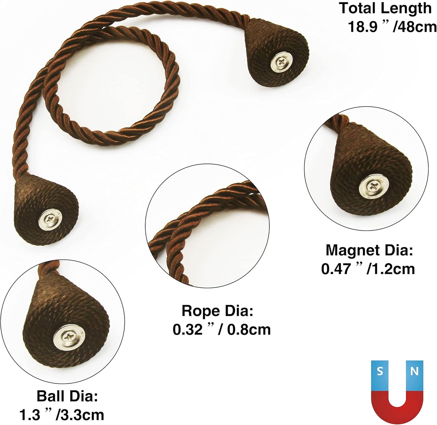 2 Pack Magnetic Curtain Tiebacks Rope Modern Handmade Curtain Tie Backs Decorative Drapes Weave Holdbacks for Window Décor, Coffee