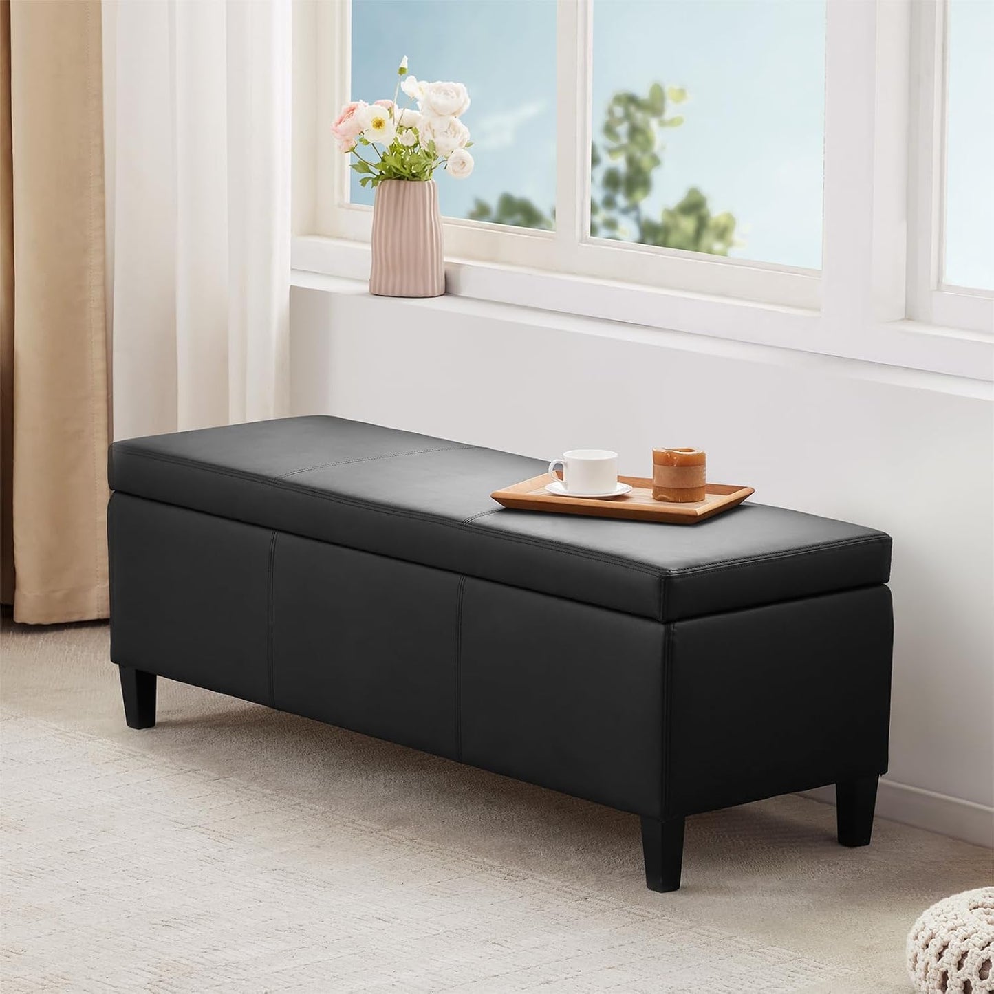 HUIMO Faux Leather Storage Ottoman Bench 50.3 Inch Extra Long PU Upholstered Bedroom Bench with Large Storage Space for The Living Room, Entryway, Bedroom Hold Up to 300lbs (Black)