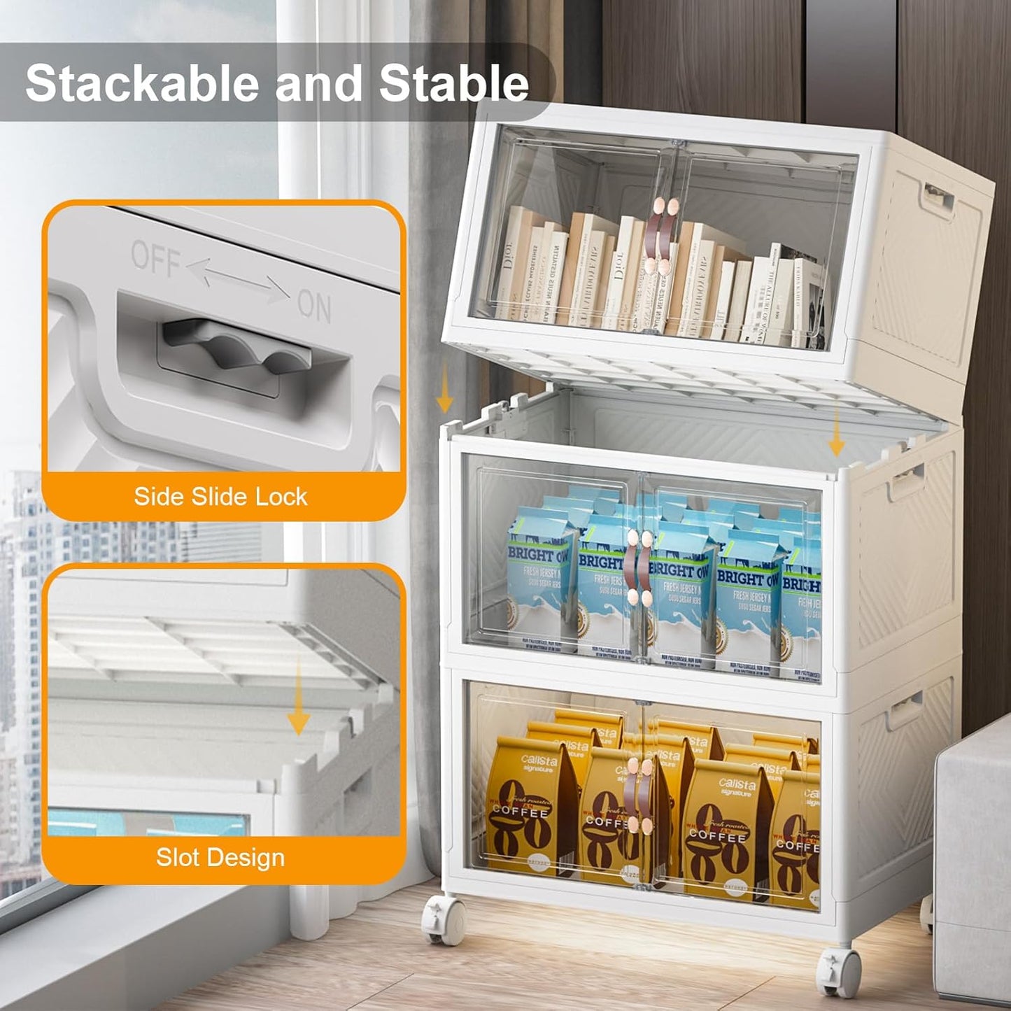 Extra Large Stackable Storage Bins with Lids & Wheels & Door, 336QT-112QT/28GAL*3Pack Foldable Collapsible Closet Organizers, Plastic containers drawers for bedroom Dorm