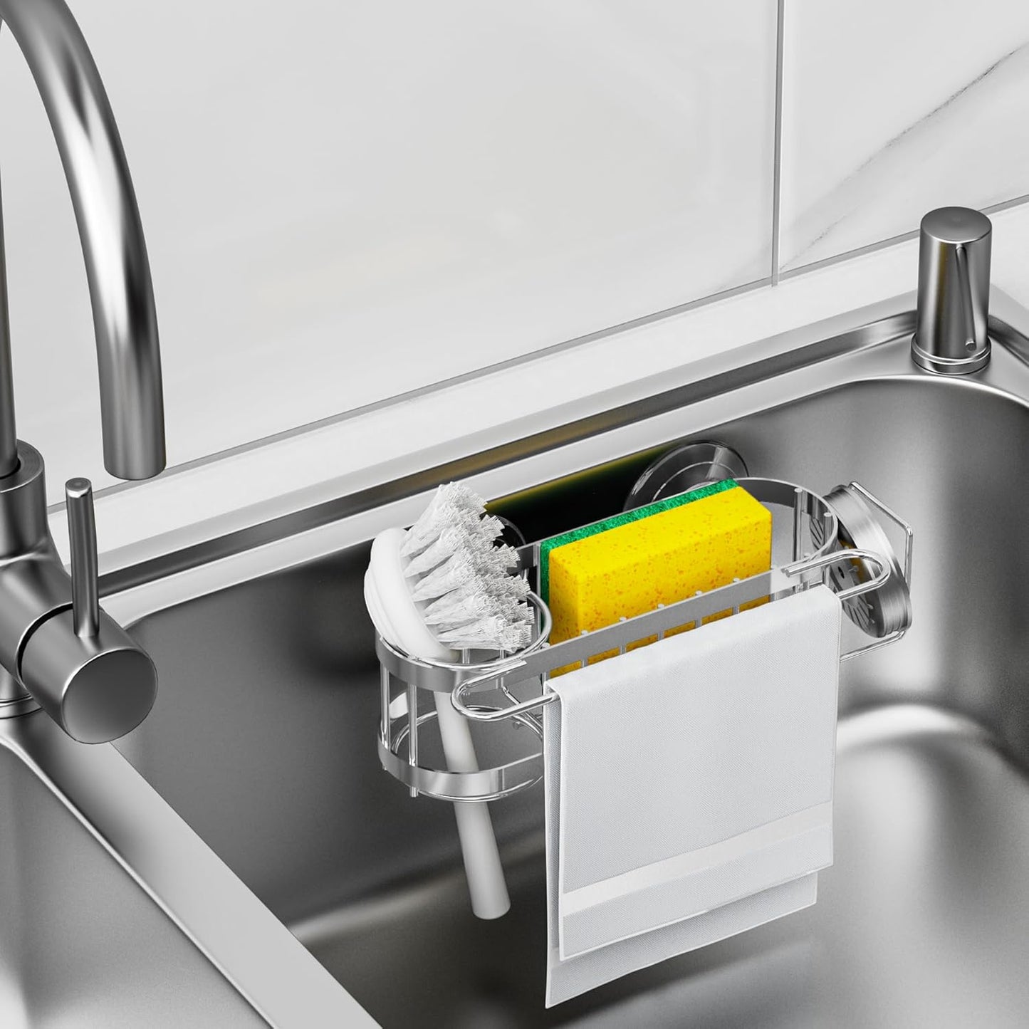 Cisily Kitchen Sink Caddy Sponge Holder in The Sink, Stainless Steel Kitchen Sink Organizer, Brush Holder, Dish Cloth Hanger, Sink Stopper Holder with 2 Installation Ways (Suction & Adhesives, Silver