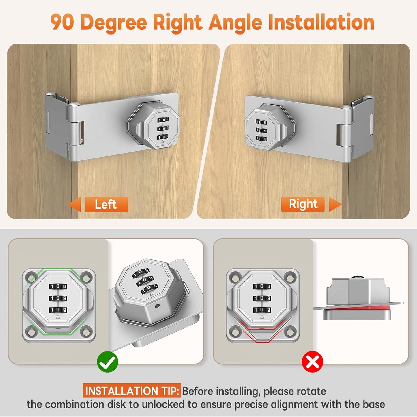 90 Degree 3-Digit Combination Cabinet Lock, Zinc Alloy Keyless Folding Hasp Lock Latch, Password Security Rotary Door Latch for Office File Cabinet, Drawer, Locker, Cupboard (1, Silver)