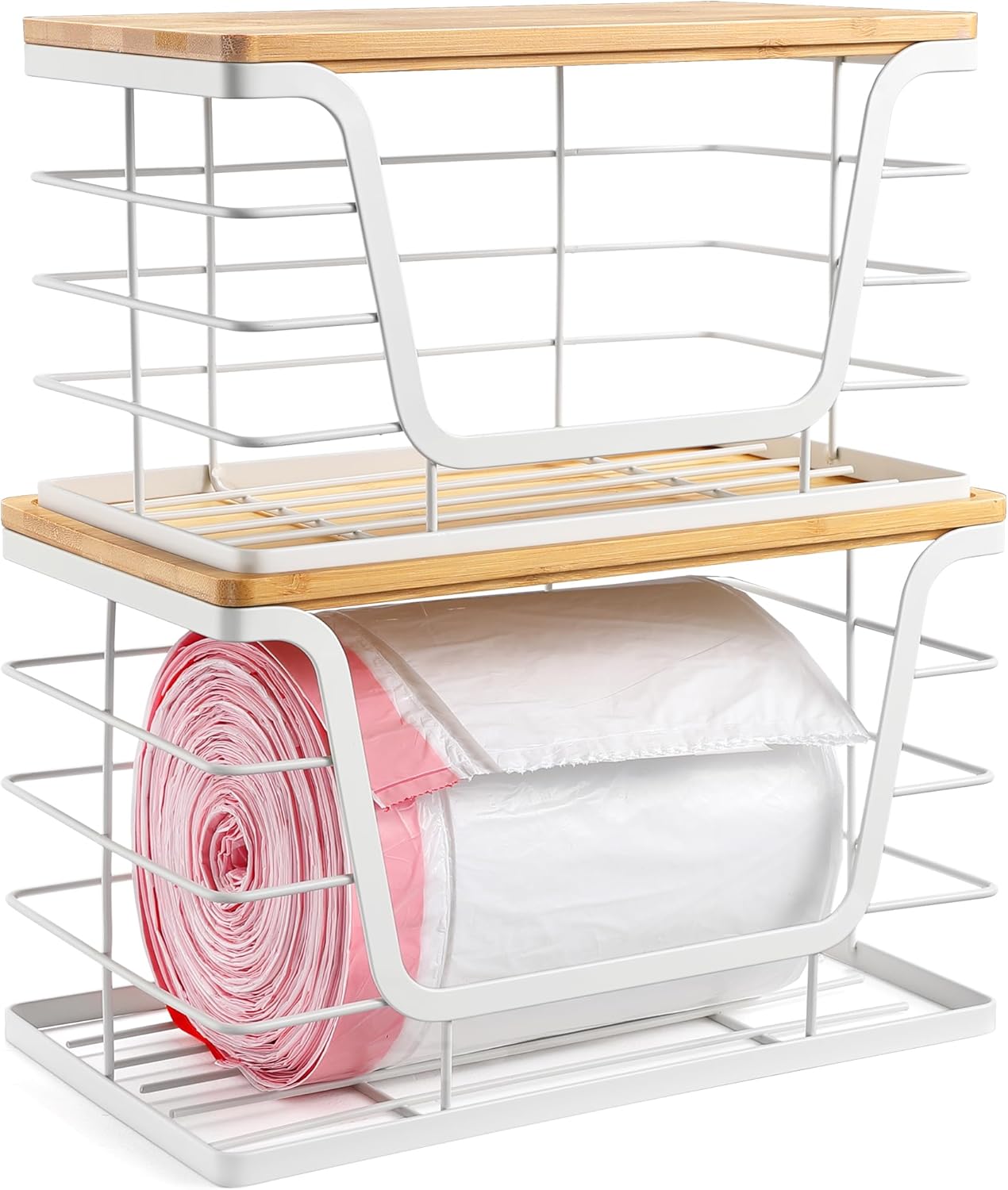 ALOCEO 2 Pack Extra Large Trash Bag Holder with Bamboo Top, Wall Mount Stainless Steel Organization and Storage for Kitchen Sink, White