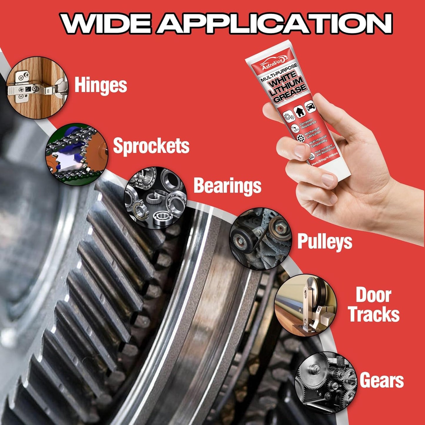 AstraVox White Lithium Grease, Multi-Purpose Lubricant Lithium Grease with Brush for Hinges, Bearings, Gears, and Garage Doors, Ideal for Automotive, Marine, Industrial, and Household Use (2)