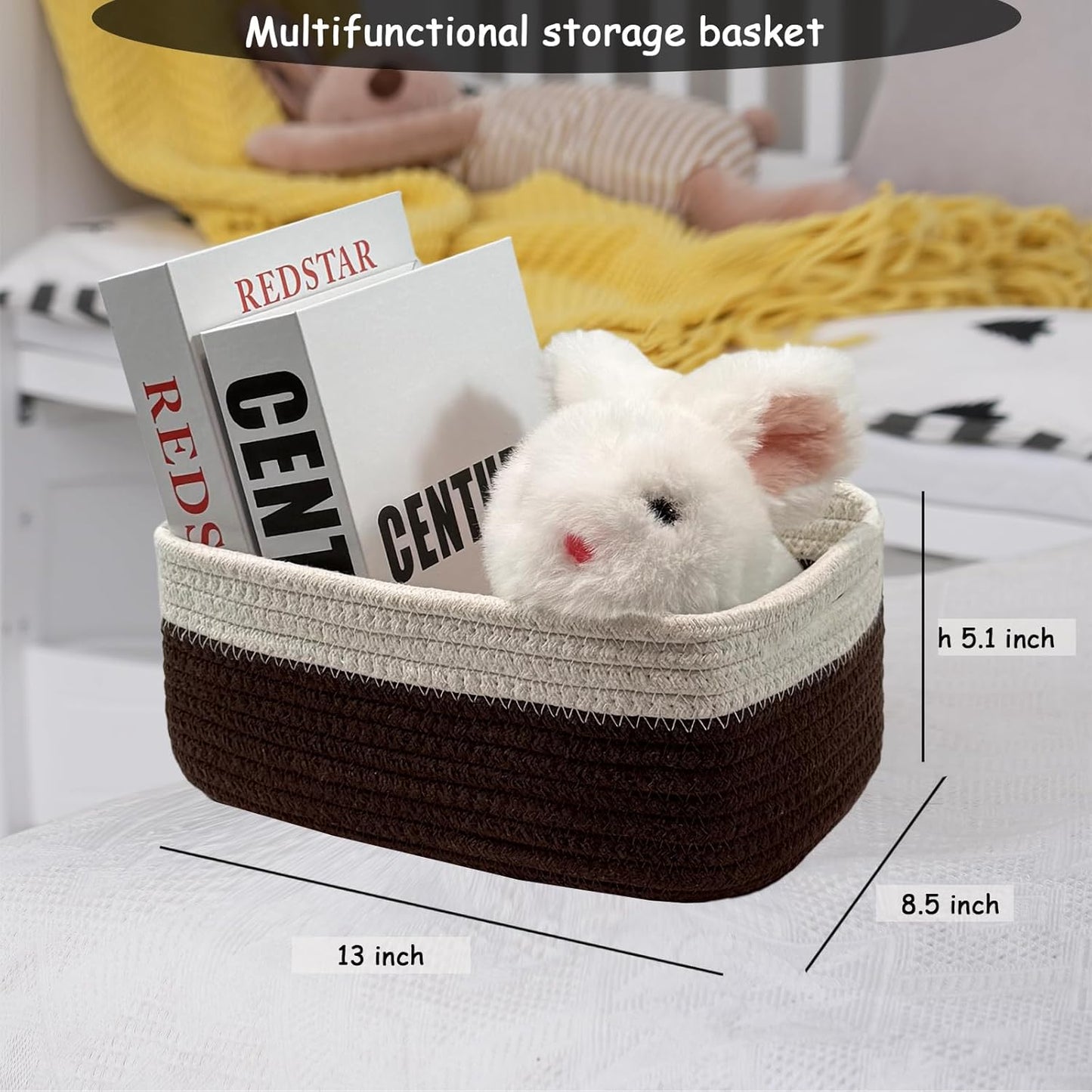 COMFY-HOMI 13" x 8.5" x 5.1"Storage Baskets for Organizing | Cotton Rope Woven Basket | Toy Storage Bin Box | Basket for Shelves, Closet Organizer Bin, Decorative Closet Shelf, 3 Pack,WHT/dark brown