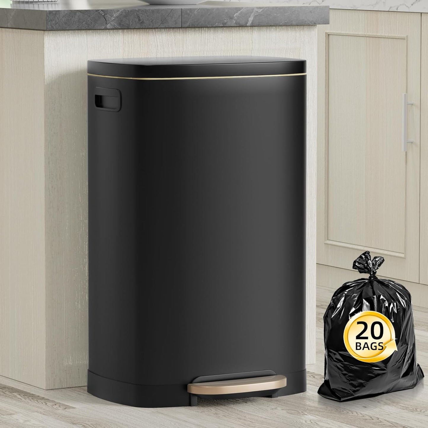 13 Gallon Trash Can with Lid, 50L Fingerprint Proof Stainless Steel Kitchen Trash Can with Removable Inner Bucket and Lid Soft Close, Pedal Rubbish Bin for Home Office, Black