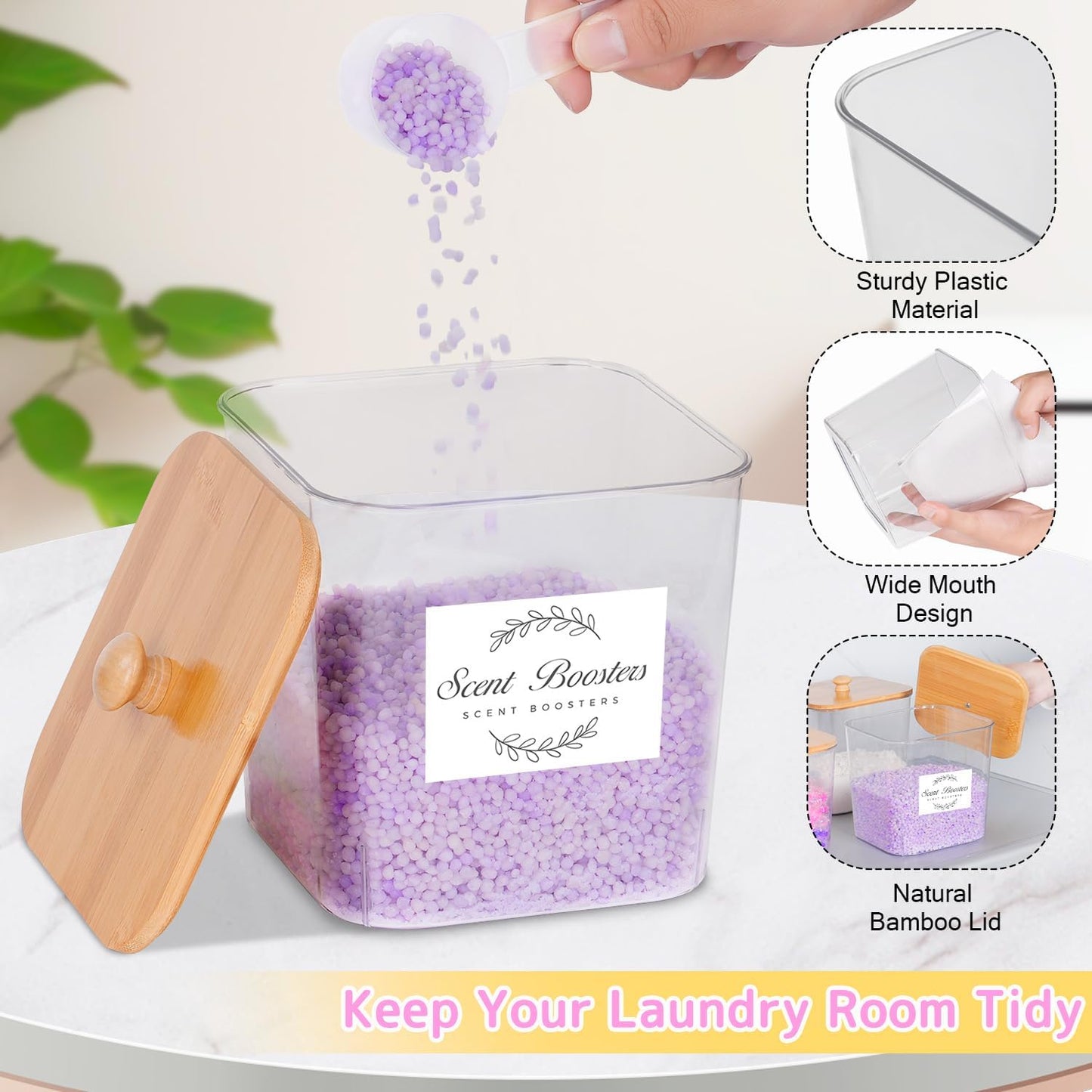 efluky 4+1 pack Laundry Pods Container & Dryer Sheet Holder Set,Clear Laundry Room Organization Containers with Bamboo Lids and Labels,Laundry Pods Holder for Scent Booster,Powder,Pod